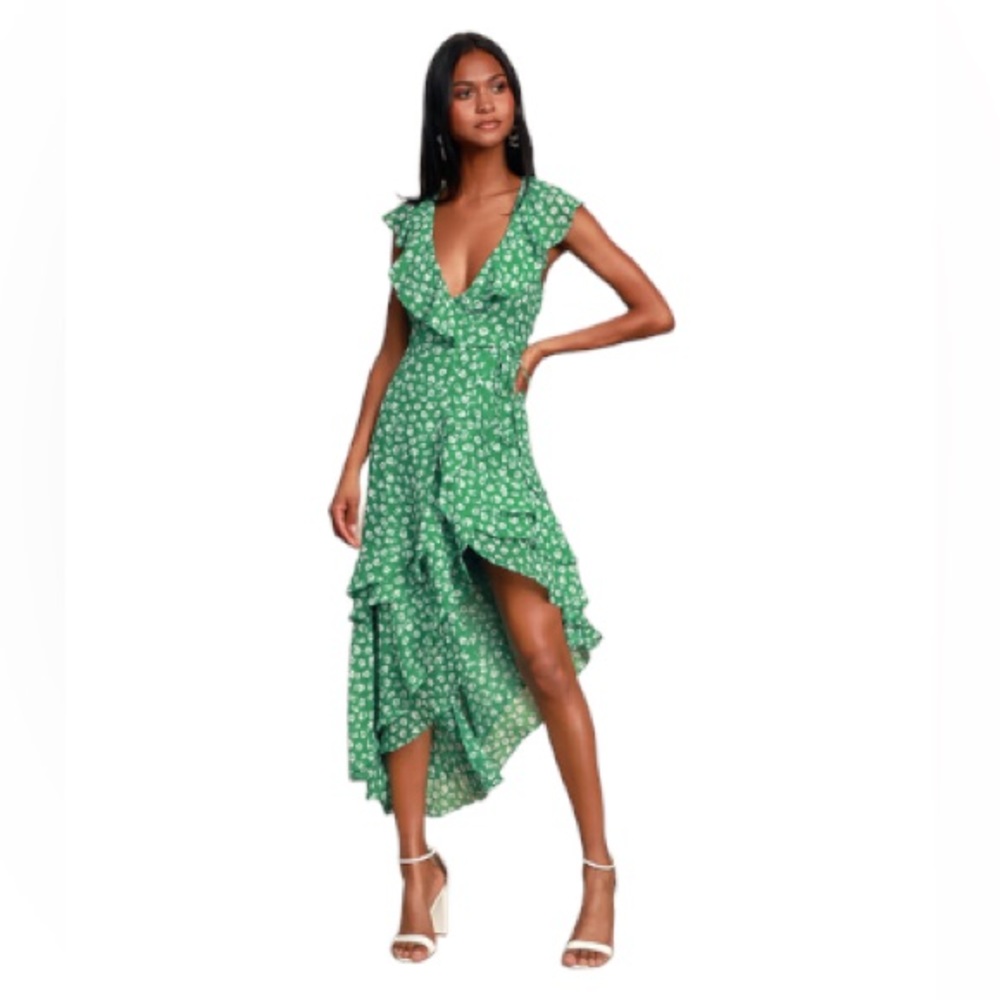 Lulu’s Cornelia Green Floral Print Ruffled Wrap Midi Dress White M